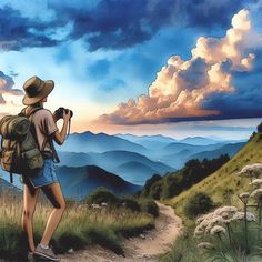 a painting of a person with a backpack and camera on a mountain trail looking at the clouds