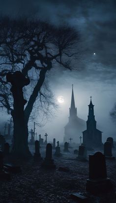 a cemetery at night with the moon in the sky