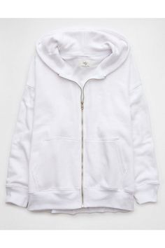 Super soft structured fleece/Hooded/Full zip-up front/Front pockets/Ribbed cuffs & hem/This sweatshirt is Real Good: Made with the planet in mind & a promise to continue to do better. White Zip Up, Hoodie Zip Up, Fleece Zip Up, Zip Up Jacket Outfit, Cute Christmas Ideas, Oversized Zip Up Hoodie, Summer Wishlist, American Eagle Outfits, Comfy Sweats