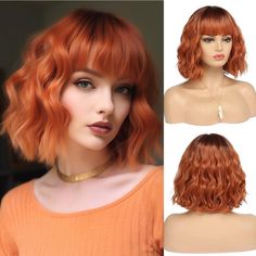 Color Ombre Fox Red Material Fiber Hair Type Wavy, Curly Style Modern Special Feature Heat Resistant Bangs Ginger Hair, Ginger Hair Wig, Bob Wigs With Bangs, Red Wig, Long Hair Wigs, Curly Bob Wigs, Blonde With Pink, Short Curly Bob, Pink Wig