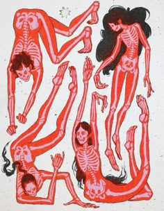 an image of some people in red and black art work on white paper with skeleton images