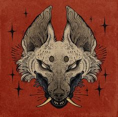 a drawing of a wolf's head on a red background with stars around it