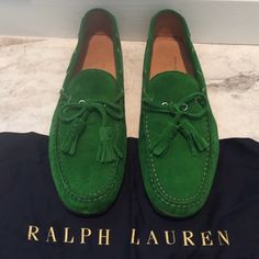 Ralph Lauren Green Suede Loafer With Tassel Tie. Worn Once, In Perfect Condition!! Casual Tassel Loafers With Plain Toe For Galas, Casual Plain Toe Tassel Loafers For Galas, Elegant Green Plain Toe Loafers, Casual Tassel Loafers With Round Toe For Galas, Green Moccasins With Rubber Sole For Spring, Spring Green Moccasins With Rubber Sole, Elegant Green Moccasins With Round Toe, Classic Green Tassel Loafers With Round Toe, Green Flat Moccasins For Spring