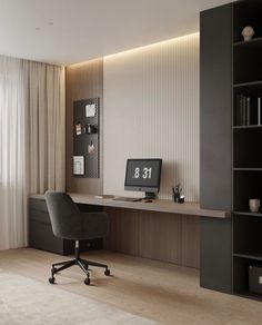 a room with a desk, chair and bookshelf next to a large window