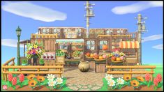 an animated image of a flower shop with lots of flowers in the front and behind it