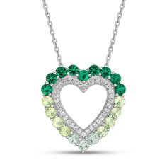 This gorgeous heart-shaped necklace shines with vivid shades of green. Set in classic sterling silver, the silhouette features round-cut peridot, lab-created emerald, and green quartz. Round-cut white lab-created sapphires shimmer inside to finish the look. The pendant hangs from an 18-inch cable chain and secures with a lobster clasp. Sapphire Heart Necklace, Heart Necklaces, White Lab, Heart Shaped Jewelry, Lab Created Emerald, Heart Necklace Diamond, Heart Shaped Necklace, Silver Heart Necklace, Green Quartz