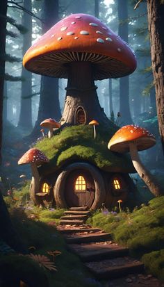 an image of a mushroom house in the woods