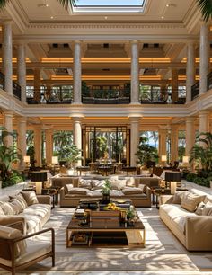 a large living room filled with lots of furniture and plants on top of it's walls