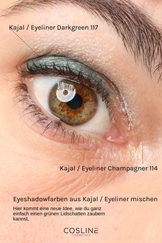 Du wünschst dir einen grünen Eyeshadow, aber hast keinen parat? Kein Problem, du kannst dir die Farbe mit unseren Kajal / Eyelinern selbst zusammenmixen. Cosline | YouTube-Video | Eyeshadow Make Up Videos, Makeup Tutorial