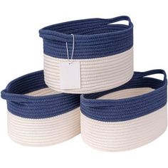 three large blue and white baskets stacked on top of each other with a price tag