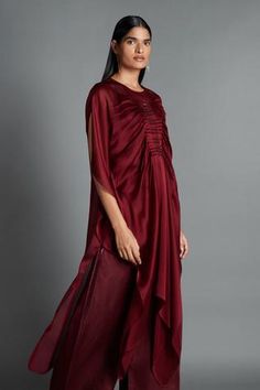 Shop for Amit Aggarwal Maroon Crinkled Chiffon Asymmetric Draped Tunic for Women Online at Aza Fashions Eid Dresses With Draped Sleeves, Flowy Draped Asymmetrical Dress, Draped Kaftan For Eid, Amit Aggarwal, Chiffon Embroidery, Tunics Online, Kaftan Style, Luxury Sale, Color Fabric