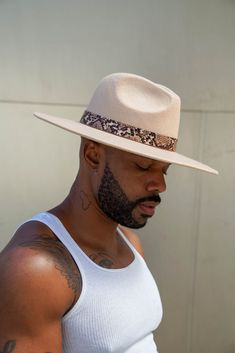 "The chicest hat we have ever made, classic silhouette. With snake details. Spot Clean Brim 10.5 cm/4 Inch Hat Crown Circumference 23-24\" Leave 1 Inch Room For Error As The Hats Are Hand Manually Measured. Can be adjusted to made smaller with internal size adjuster" Friends Exploring, Walnut Cream, Mens Hats Fashion, Mens Fedora, Hat Fedora, Embroidered Ribbon, Wide Brim Fedora, Dapper Gentleman, Elegant Hats