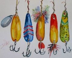 five different types of fishing lures hanging from hooks on a wall with watercolor paint