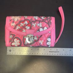 Like New. Never Used. Still Has Plastic On The Clasp Wrist Strap Back Zipper Section Has Coin Pocket, 6 Card Slots And Cash Slot Front Fold Out Section Has 2 Id Pockets 10 Cards Slots And 1 Cash Slot. Daily Use Pink Wristlet With Cell Phone Pocket, Rectangular Wristlet With Snap Closure For Daily Use, Casual Pink Wristlet For Everyday Use, Casual Pink Everyday Wristlet, Vera Bradley Wallet, Grey Prints, Vera Bradley Bags, Wrist Strap, Pink Grey