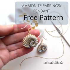 someone is working on their earrings with the words free pattern below it that says, ammonite earrings / pendant