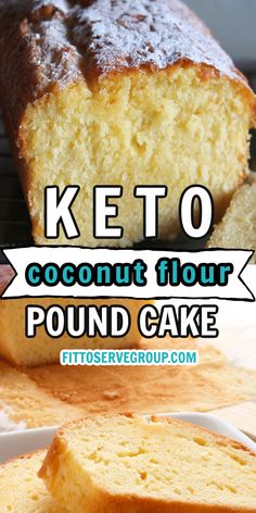 Images showing keto coconut flour pound cake slices on a white plate Keto Butter Pecan Pound Cake, Keto Sour Cream Pound Cake, Keto Coconut Flour Cake, Keto Sheet Cake Recipes, Keto Cake Recipes Coconut Flour, Coconut Flour Cheesecake Crust, Keto Sour Cream Cake, Coconut Flour Cake Recipes Simple, Keto Japanese Cake