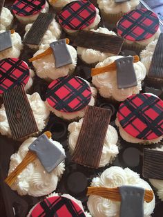 cupcakes decorated with red and black plaid designs