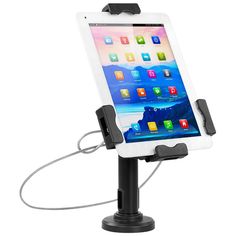 an ipad with a holder attached to the back of it's display stand, on a white background