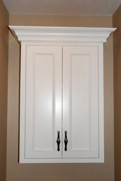 a white cabinet with two black handles in a room