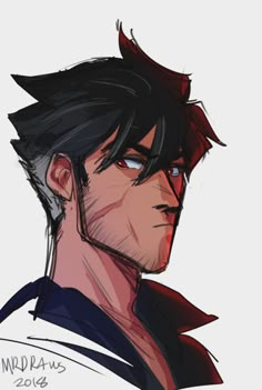 a drawing of a man with black hair and red eyes, wearing a blue shirt