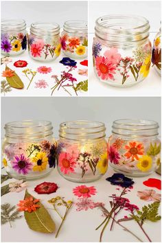 flowers painted on glass jars are shown in different stages of being used to decorate them