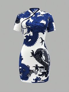 Random Cut Chinese Style Dragon Print Women's Short Sleeve Midi Dress Multicolor Casual,Sexy  Short Sleeve Knitted Fabric Animal,Plants,All Over Print,Textured Pattern Bodycon High Stretch  Women Clothing, size features are:Bust: ,Length: ,Sleeve Length: Dragon Print, Fabric Animals, Midi Short Sleeve Dress, Costume Design, Chinese Style, Colorful Leggings, Print Tops, Women Clothes Sale, Women Clothing