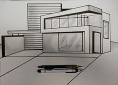 a drawing of a house with a pen in front of it