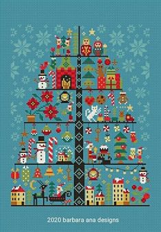 a cross stitch christmas tree on a blue background