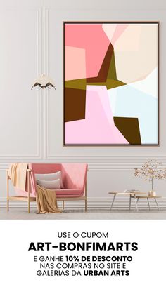 an art - bonfimarts poster hangs on the wall above a pink chair