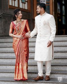 South Indian Bride And Groom Reception Outfits, Bridegroom Outfits For Engagement, Hindhu Engagement Kerala Dress, Engagement Outfit For Couple Indian, Bride And Groom South Indian Wedding Outfit For Reception, Bride And Groom Engagement Outfit, Marathi Engagement Look Couple, Engagement Groom Outfit Indian, Saree Engagement Look