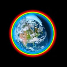 an image of the earth from space with rainbows in it's center and black background