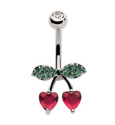 a red heart shaped belly ring with two green leaves