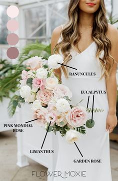 a woman in a white dress holding a flower bouquet with her name written on it