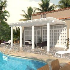 an artist's rendering of a house with a swimming pool and lounge chairs next to it