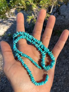 Beautiful natural turquoise and sterling silver clasp Navajo beaded necklace. Measures 19" long Hand-strung Turquoise Western Necklace, Hand-strung Western Turquoise Necklace, Turquoise Necklace With Lobster Clasp And Round Beads, Western-style Hand-strung Turquoise Necklace, Southwestern Single Strand Turquoise Necklace, Turquoise Necklace With Round Beads And Sterling Silver Clasp, Turquoise Necklace With Sterling Silver Clasp And Round Beads, Southwestern Turquoise Necklace With Sterling Silver Clasp, Navajo Necklace