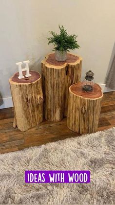 three pieces of wood sitting on top of a wooden floor next to a planter