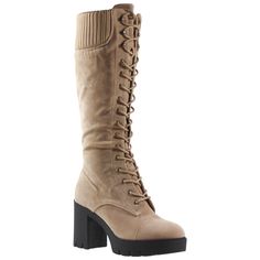 Women Lace Up Chunky Heel Knitted Cuff Combat Boots Beige Suede Open Toed Boots, Mid Calf Suede Boots, Tall Lace Up Boots, Victorian Boots, Gorgeous Boots, Boots Beige, Strappy Block Heels, Dream Outfits, Shoes Drawing