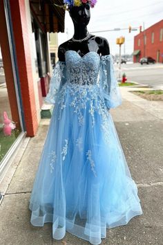 Prom Gown With Sleeves, Gown With Sleeves, Formal Prom Dresses Long, Long Formal Gowns, Blue Tulle, Beaded Prom Dress, Puff Long Sleeves, A Line Prom Dresses, Prom Dresses With Sleeves