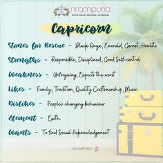 a yellow suitcase sitting on top of a wooden floor next to a palm tree and the words capricon