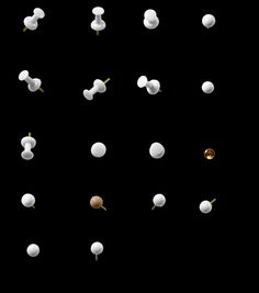 an array of different objects are shown in the dark sky, including mushrooms and balls