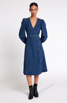 Jolena Denim Midi Dress at Joie Fitted Indigo Denim Midi Dress, Chic Mid-length Cotton Denim Dress, Chic Fall Midi Denim Dress, Chic Indigo Denim Dress, Long Sleeve Indigo Denim Dress, Chic Dark Wash Denim Midi Dress, Chic Denim Midi Dress, Chic Mid-length Denim Dress For Work, Chic Knee-length Indigo Dress