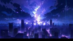 an animated cityscape with lightning and clouds in the night sky, as seen from above