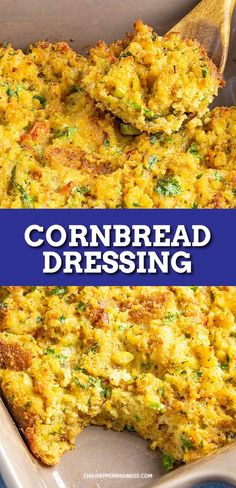 cornbread dressing in a casserole dish with a wooden spoon on the side