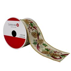 a roll of christmas ribbon with holly and pine cones on white, red and green