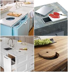 four different pictures of kitchen counter tops with cutting board, sink and dishwasher