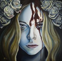 a painting of a woman's face with roses in her hair and blood dripping from her eyes