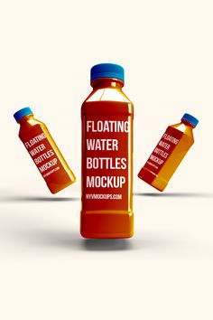 an orange bottle with blue cap and labels floating in the air next to another bottle that says floating water bottles mockup