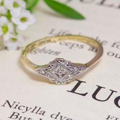 a close up of a ring on top of an open book with flowers in the background