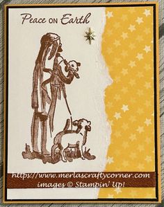 a card with an image of a man holding a dog and the words peace on earth