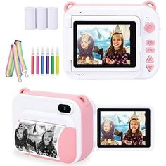 two children's digital cameras are shown with colored markers and crayon pens